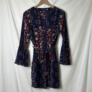 Cupshe Womens Navy Floral Bell Sleeve Tiered Midi Dress Size S Boho Western